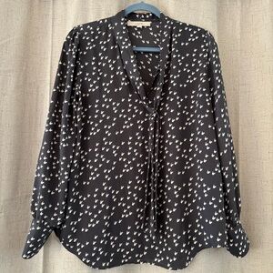 Loft Tie Blouse with Roosters.‎ Gray and White. Size M.